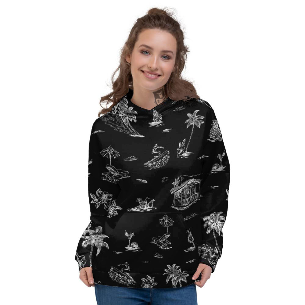 Surfing Black White Print Pattern Women's Hoodie-grizzshop