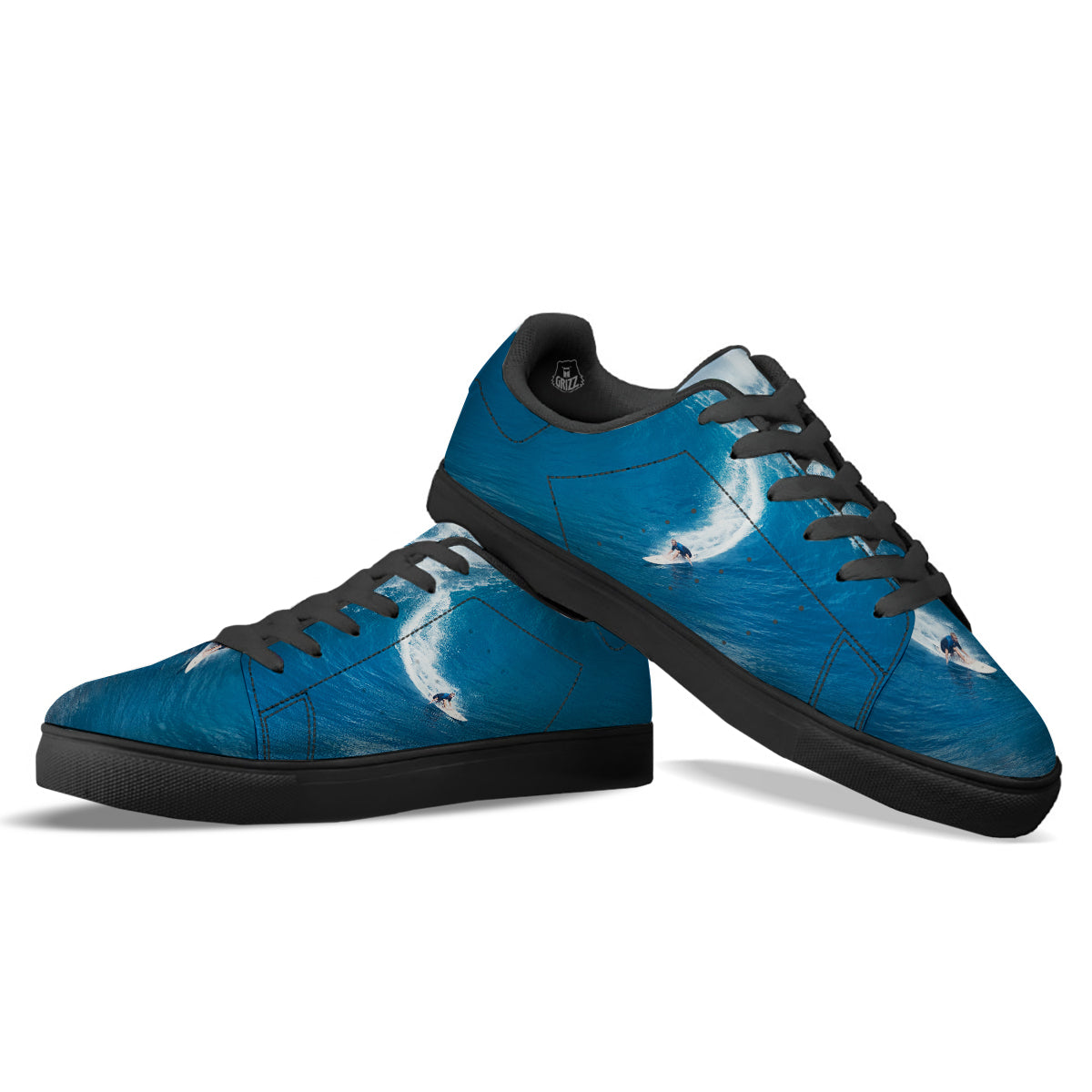 Surfing On Sea Print Black Low Top Sneakers-grizzshop