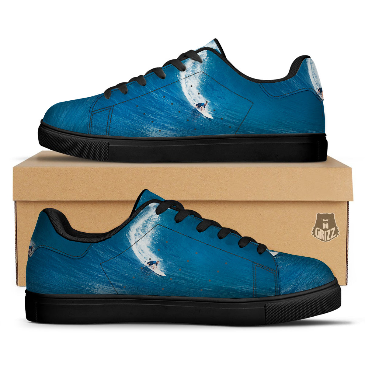 Surfing On Sea Print Black Low Top Sneakers-grizzshop