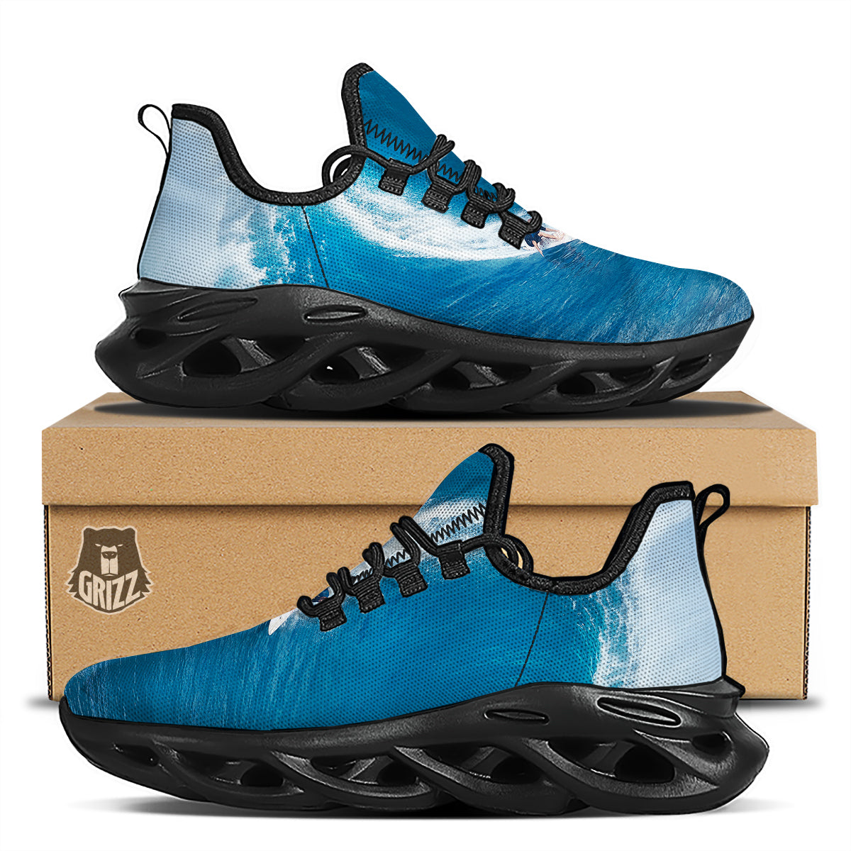 Surfing On Sea Print Black Running Shoes-grizzshop
