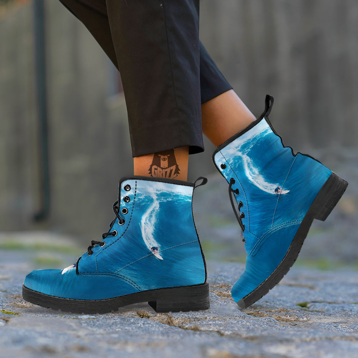Surfing On Sea Print Leather Boots-grizzshop
