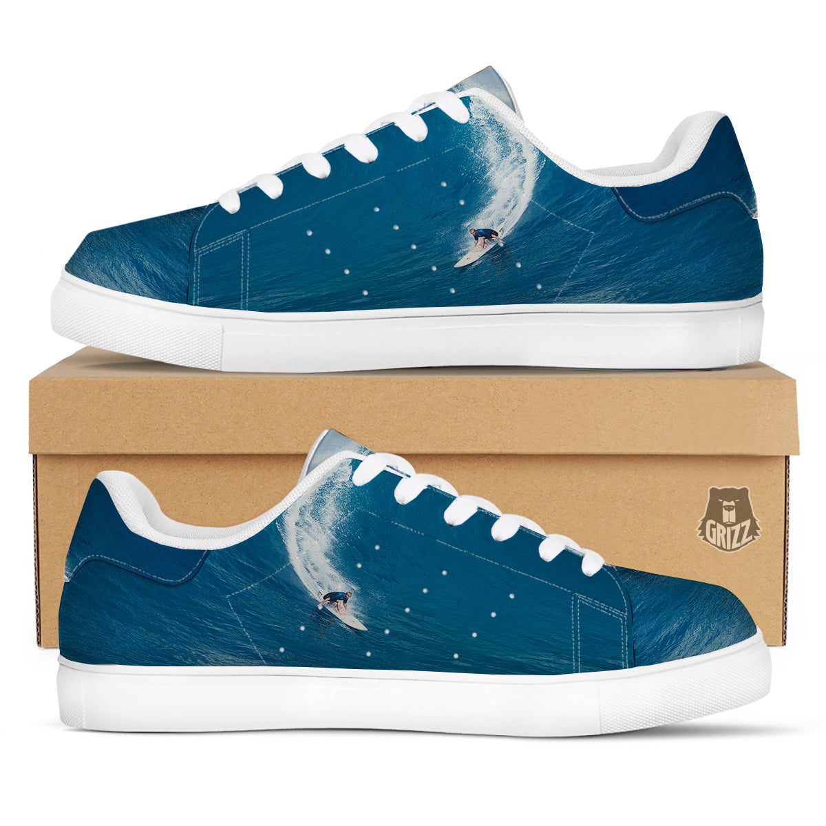 Surfing On Sea Print White Low Top Sneakers-grizzshop