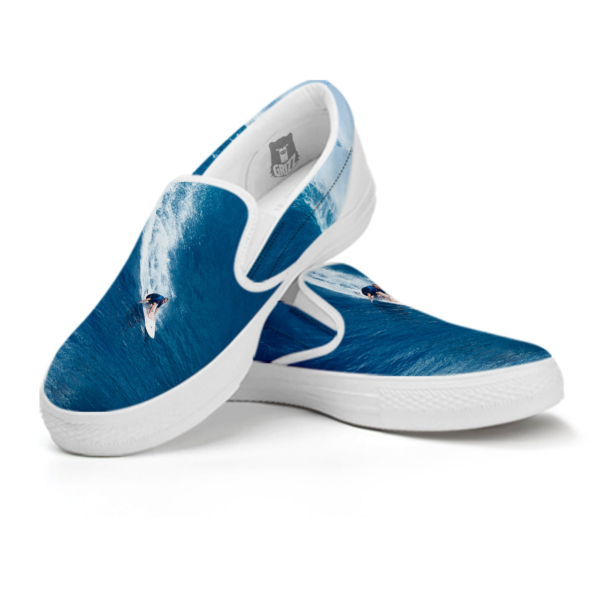 Surfing On Sea Print White Slip On Shoes-grizzshop