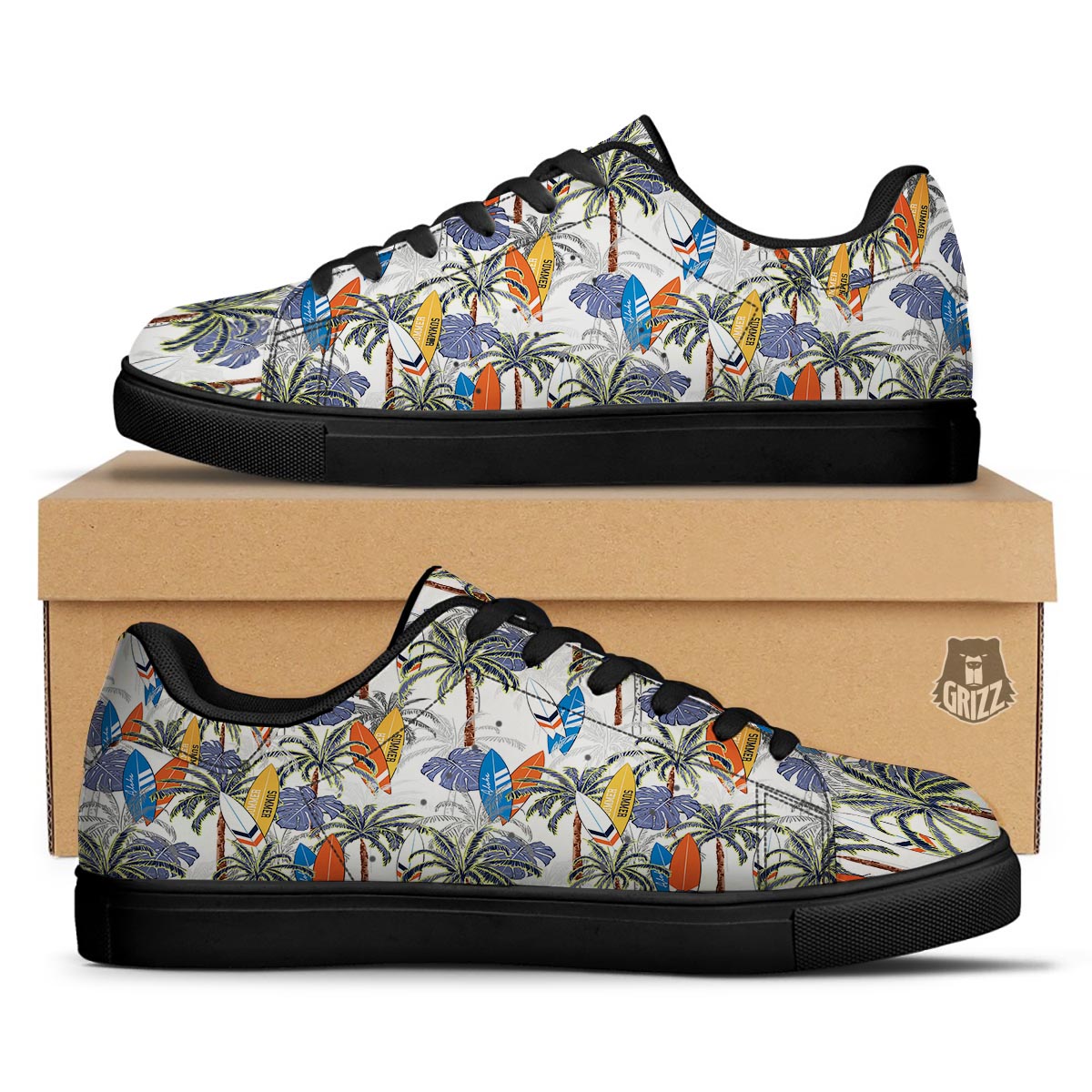 Surfing Summer Print Pattern Black Low Top Sneakers-grizzshop
