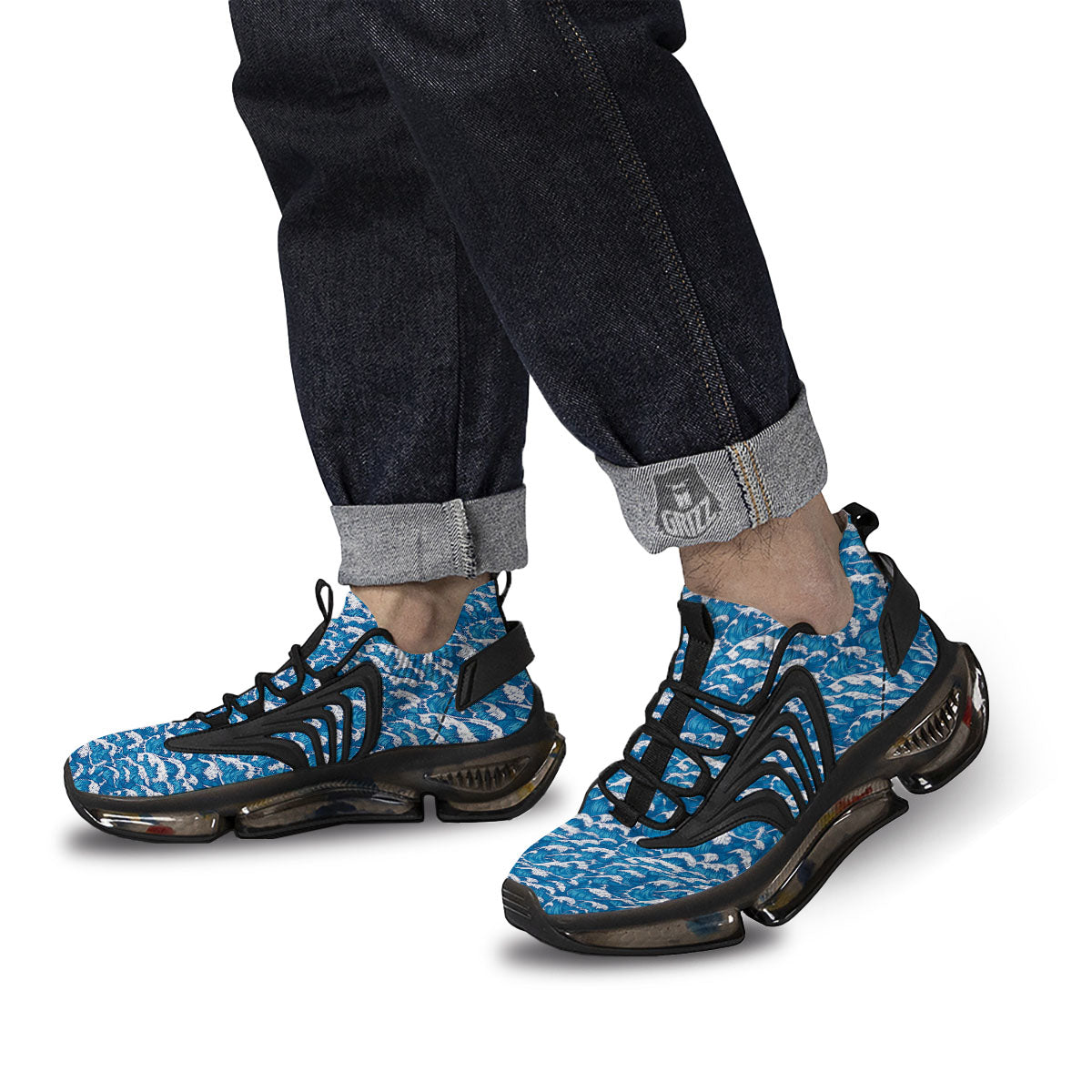 Surfing Wave Blue Print Pattern Black Gym Shoes-grizzshop