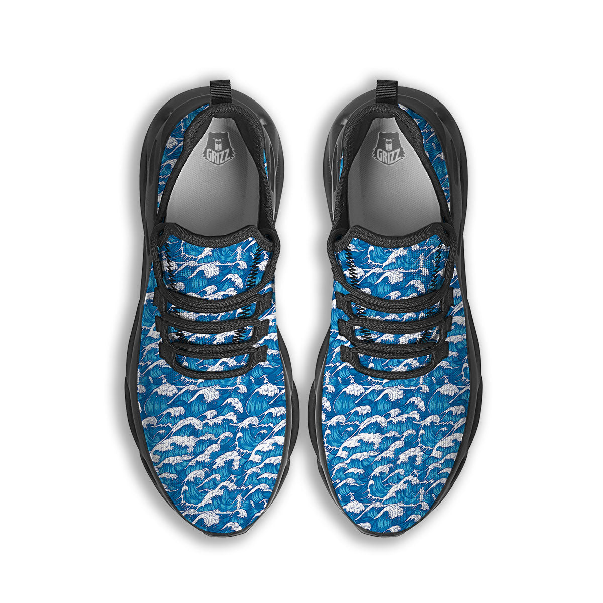 Surfing Wave Blue Print Pattern Black Running Shoes-grizzshop