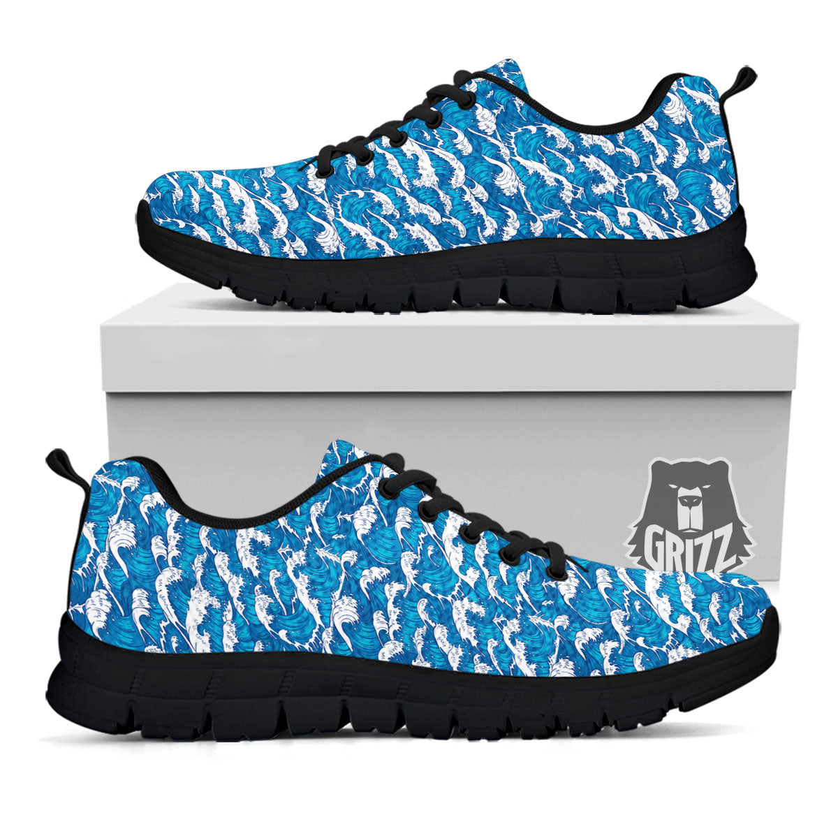 Surfing Wave Blue Print Pattern Black Sneaker-grizzshop