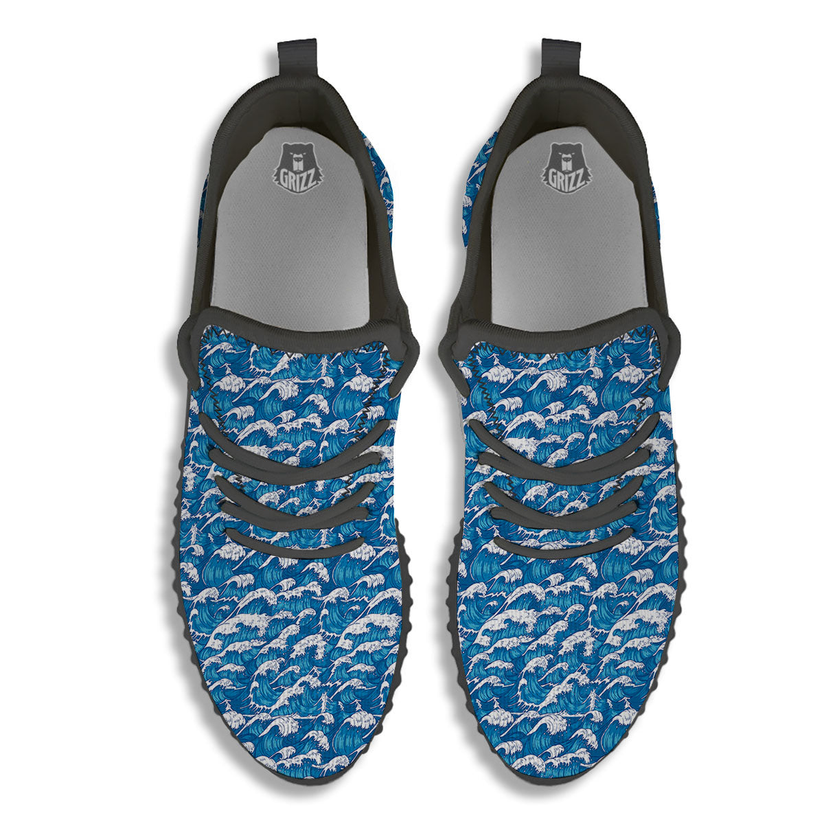 Surfing Wave Blue Print Pattern Black Walking Shoes-grizzshop