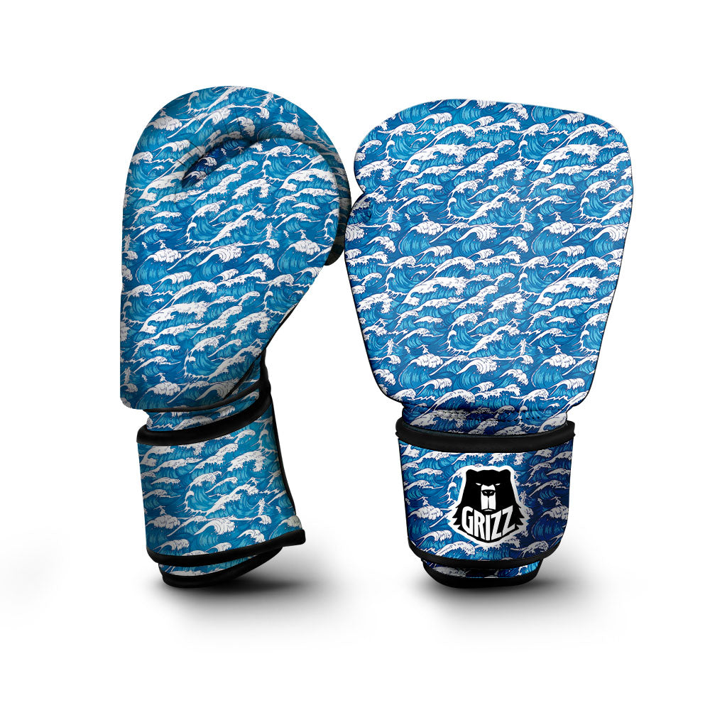 Surfing Wave Blue Print Pattern Boxing Gloves-grizzshop