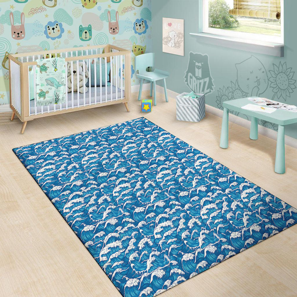 Surfing Wave Blue Print Pattern Floor Mat-grizzshop