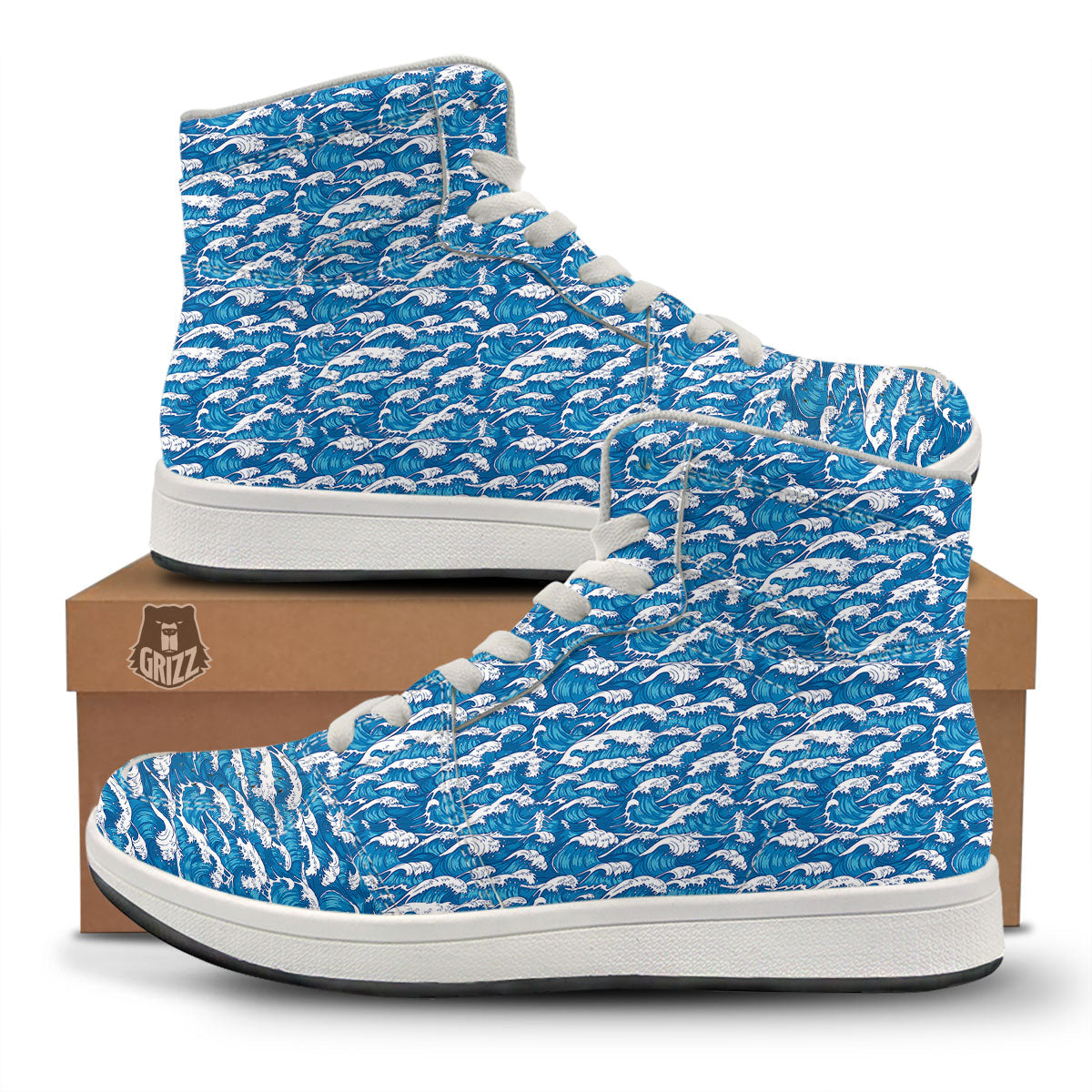Surfing Wave Blue Print Pattern High Top Sneakers-grizzshop
