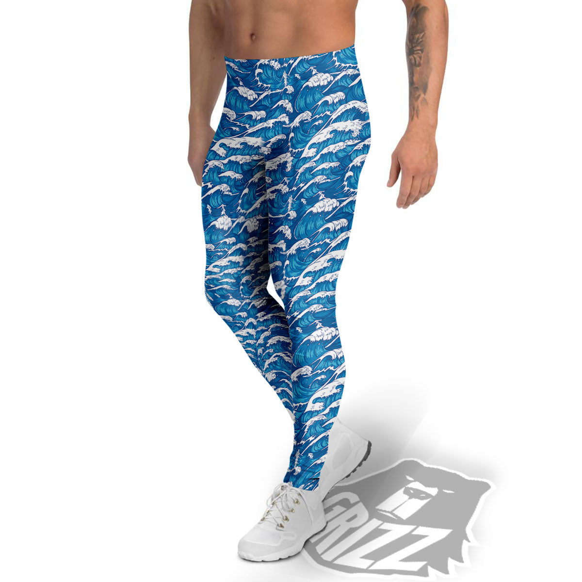 Surfing Wave Blue Print Pattern Men's Leggings-grizzshop