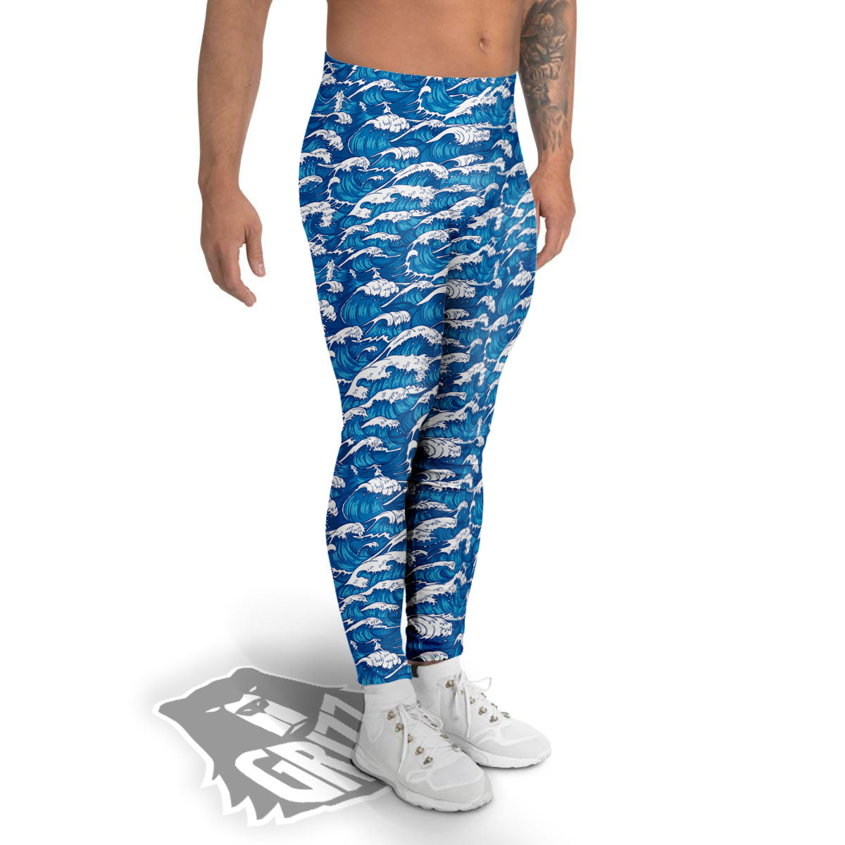 Surfing Wave Blue Print Pattern Men's Leggings-grizzshop