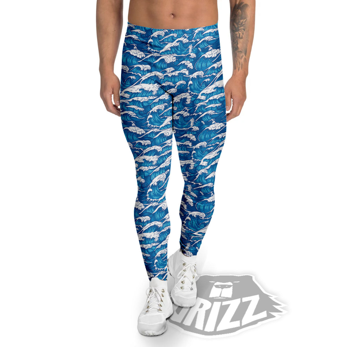Surfing Wave Blue Print Pattern Men's Leggings-grizzshop