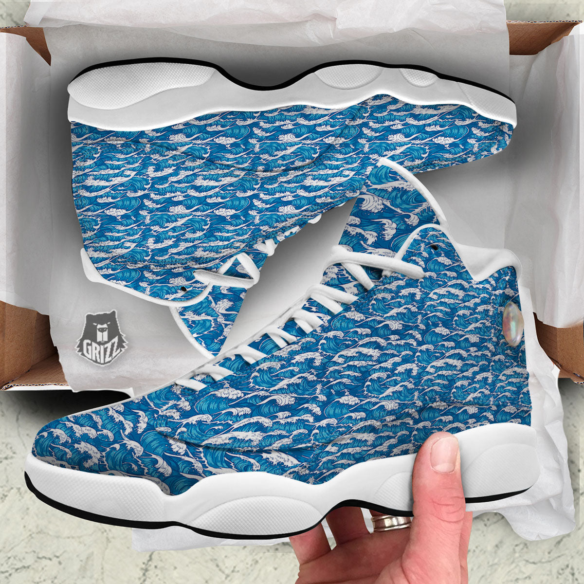 Surfing Wave Blue Print Pattern White Basketball Shoes-grizzshop