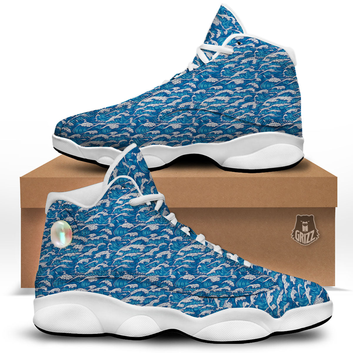 Surfing Wave Blue Print Pattern White Basketball Shoes-grizzshop