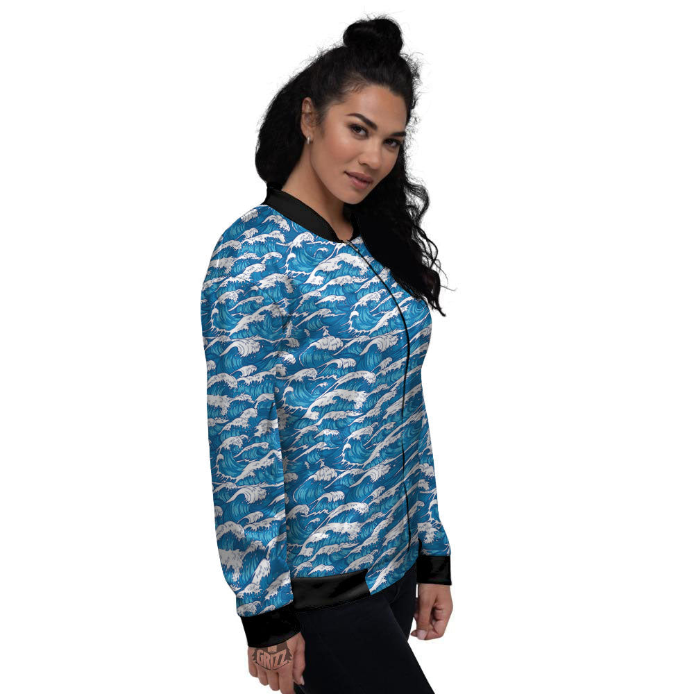 Surfing Wave Blue Print Pattern Women's Bomber Jacket-grizzshop