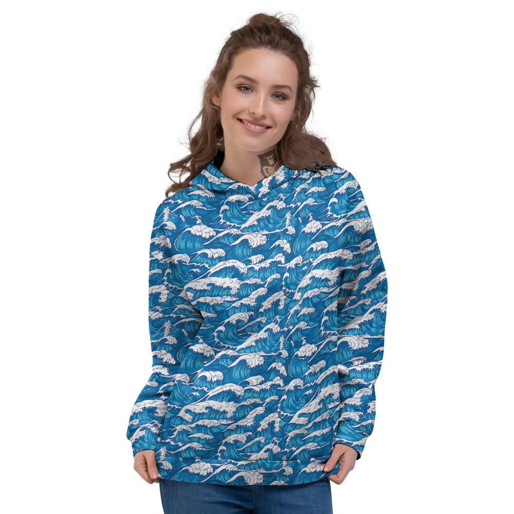Surfing Wave Blue Print Pattern Women's Hoodie-grizzshop