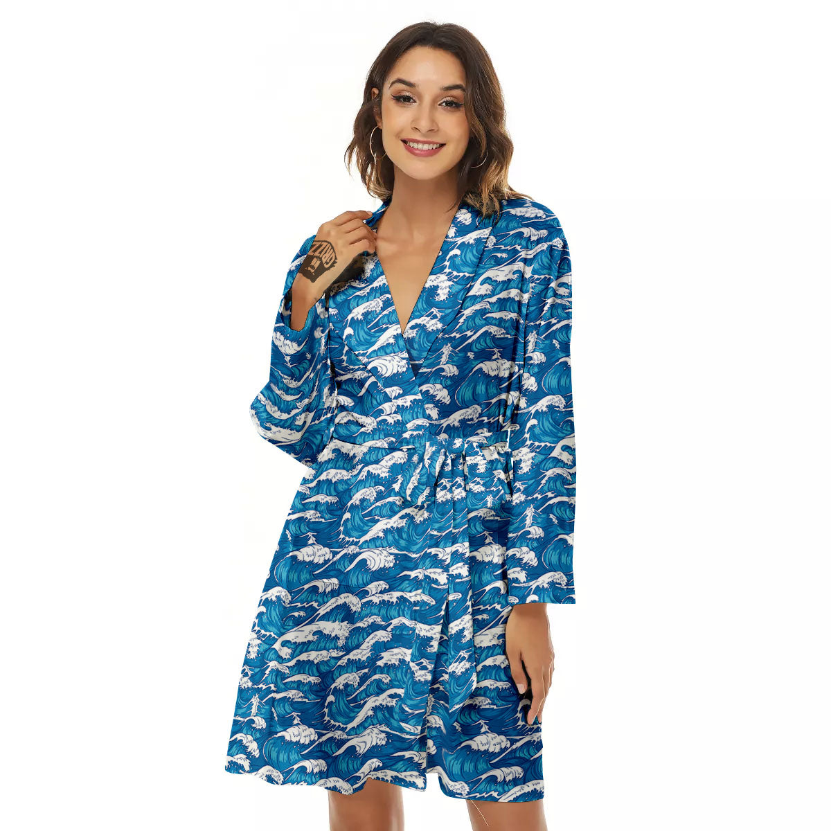 Surfing Wave Blue Print Pattern Women's Robe-grizzshop