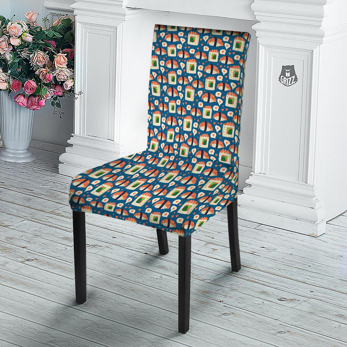 Sushi Doodle Japanese Print Pattern Dining Chair Slipcover-grizzshop