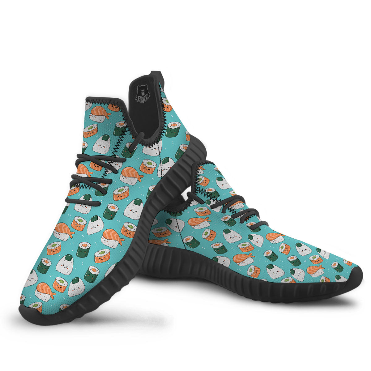 Sushi Kawaii Japanese Print Pattern Black Walking Shoes-grizzshop