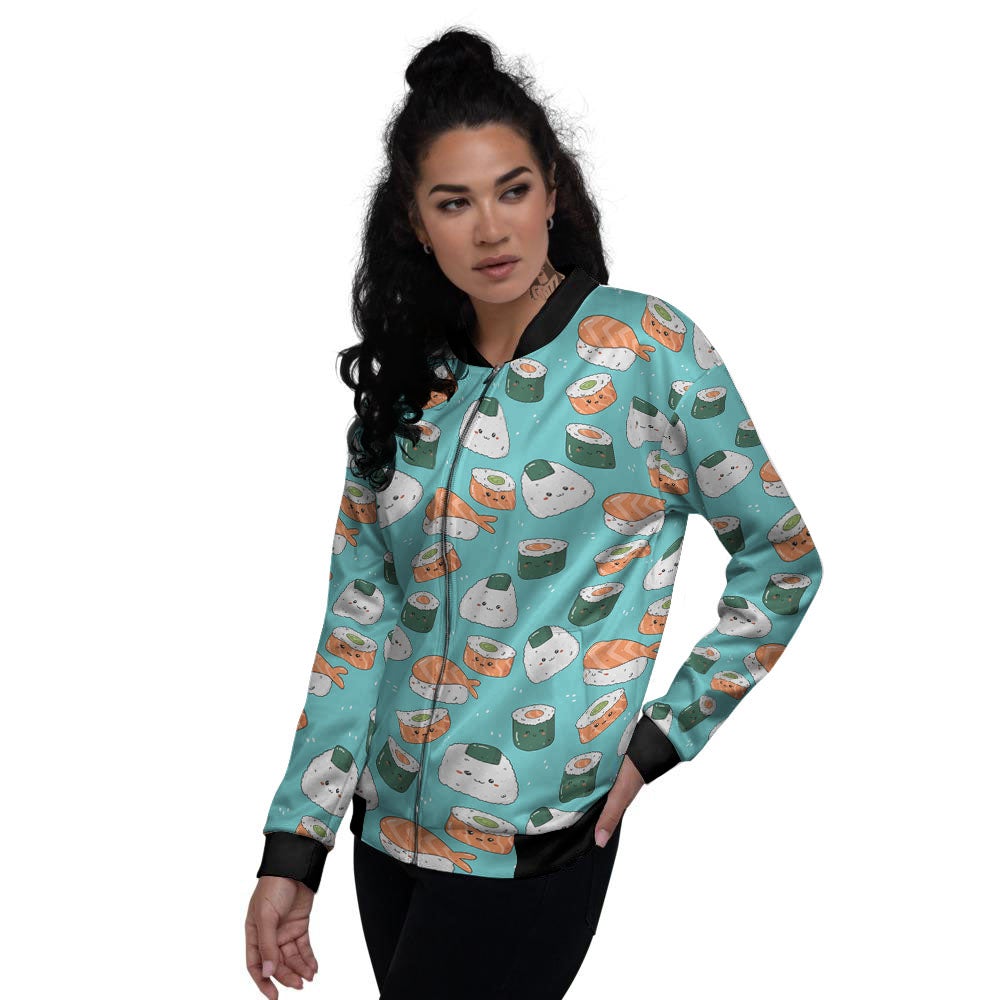 Sushi Kawaii Japanese Print Pattern Women's Bomber Jacket-grizzshop