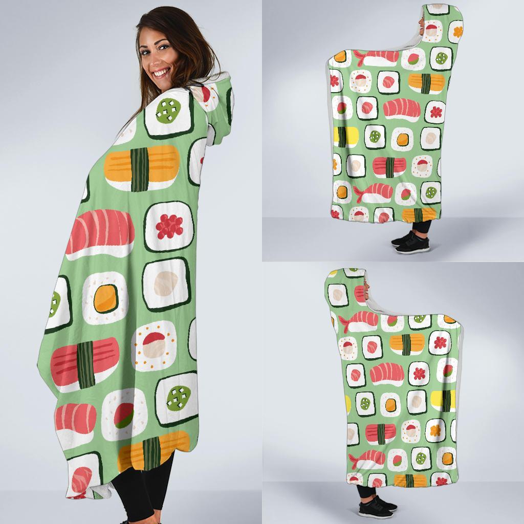 Sushi Kawaii Pattern Print Hooded Blanket-grizzshop