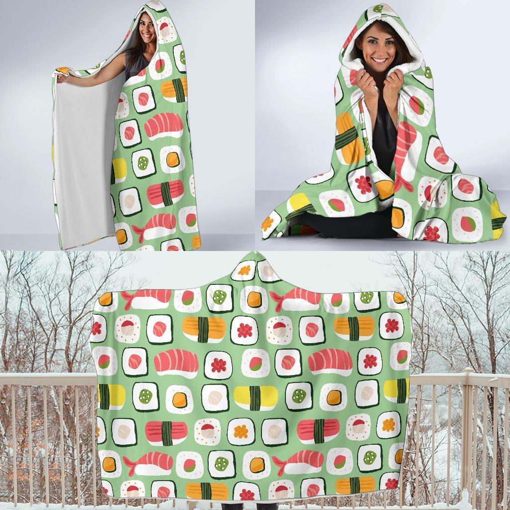 Sushi Kawaii Pattern Print Hooded Blanket-grizzshop