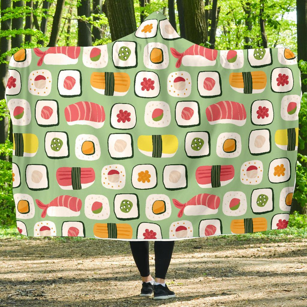 Sushi Kawaii Pattern Print Hooded Blanket-grizzshop