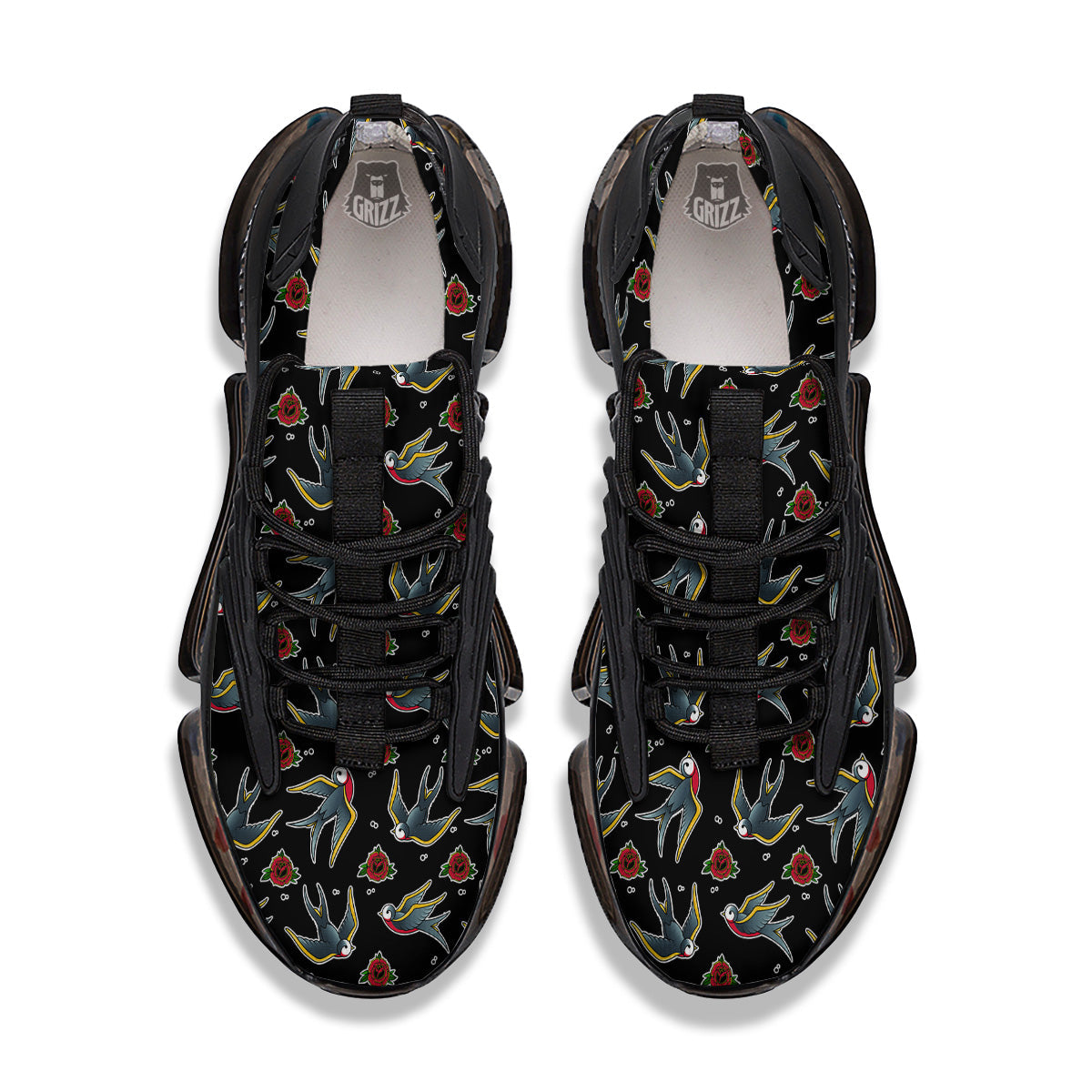 Swallows And Roses Tattoo Print Pattern Black Gym Shoes-grizzshop