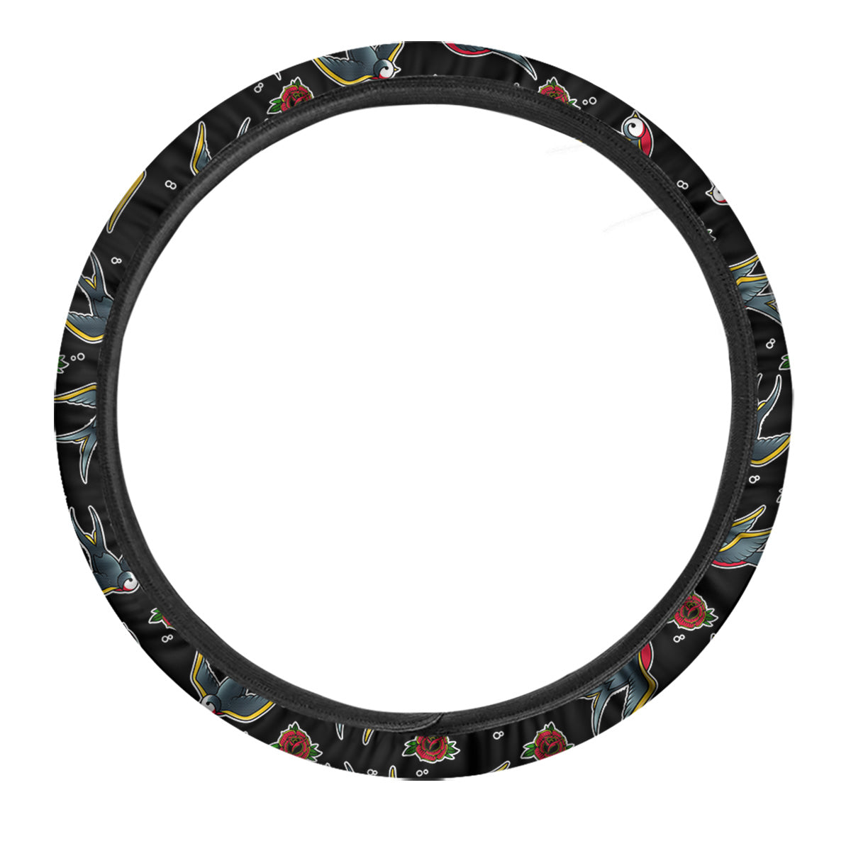 Swallows And Roses Tattoo Print Pattern Car Steering Wheel Cover-grizzshop