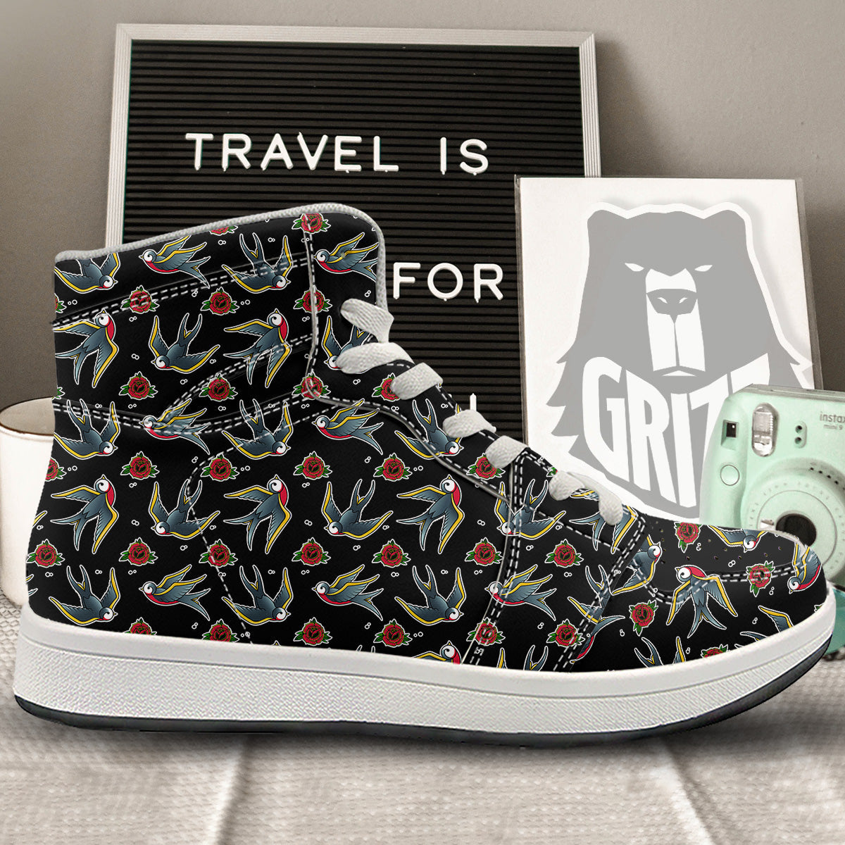 Swallows And Roses Tattoo Print Pattern High Top Sneakers-grizzshop