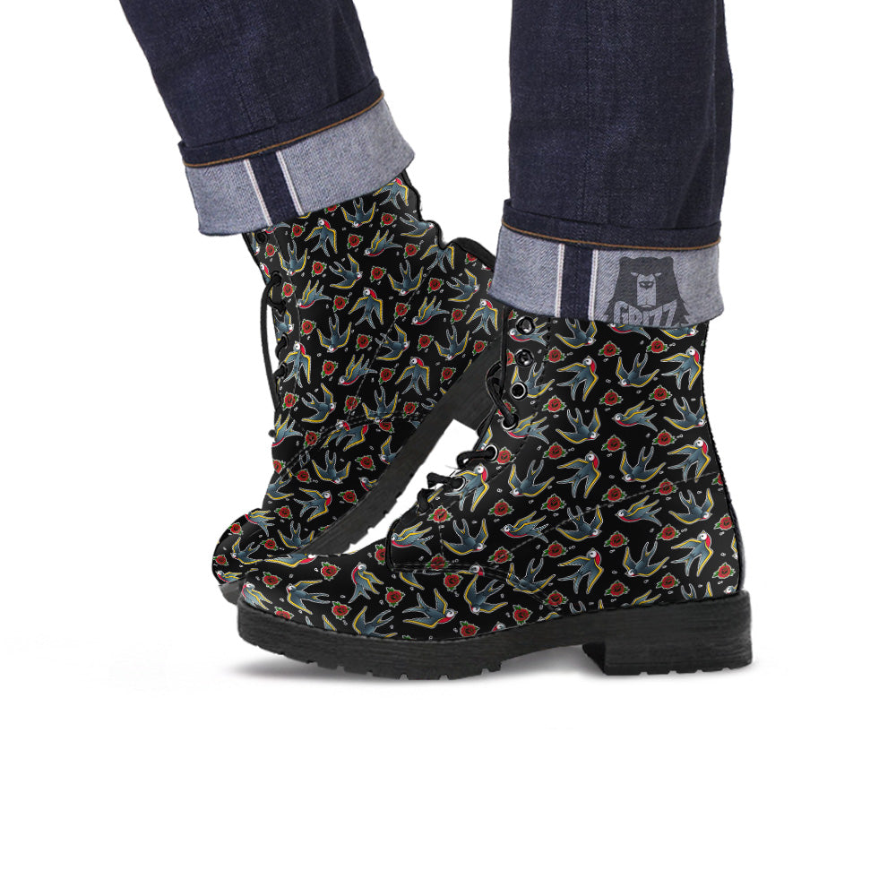 Swallows And Roses Tattoo Print Pattern Leather Boots-grizzshop