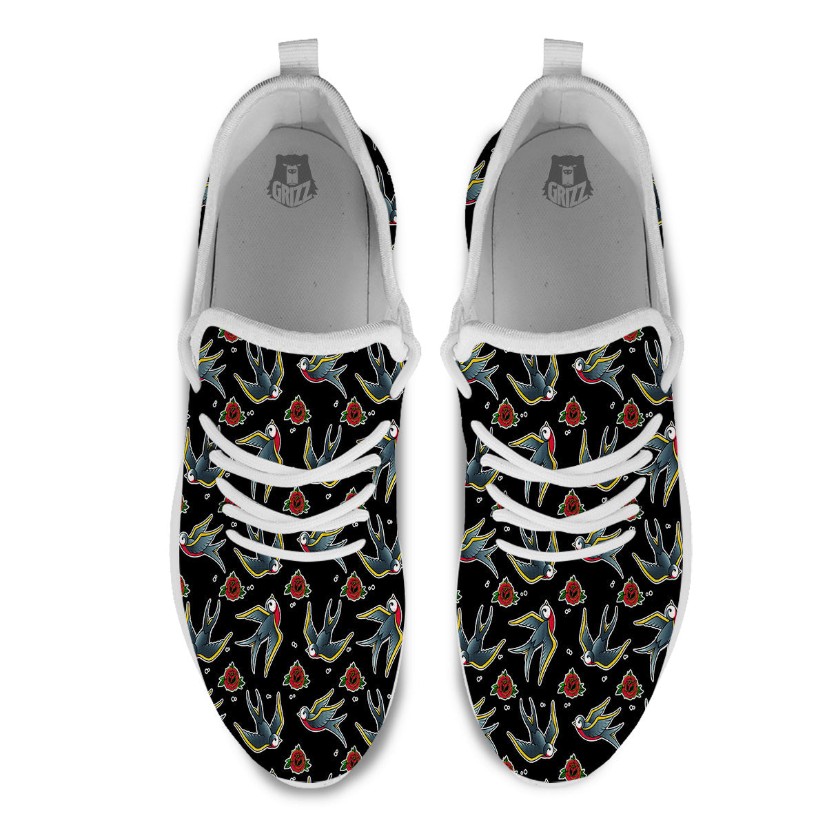 Swallows And Roses Tattoo Print Pattern White Athletic Shoes-grizzshop