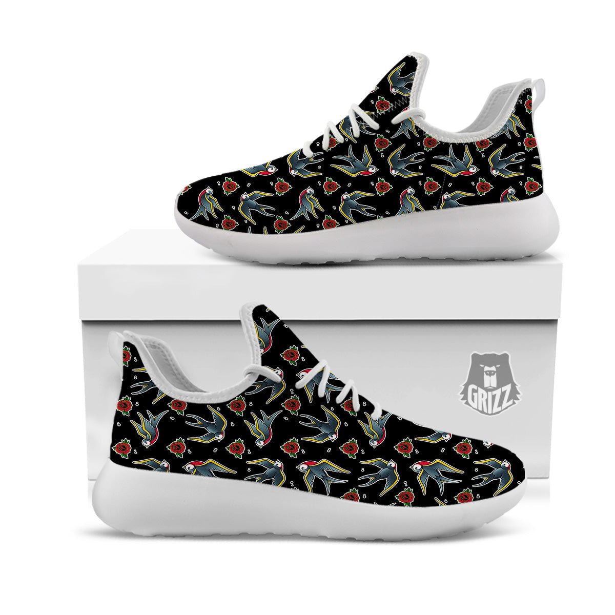 Swallows And Roses Tattoo Print Pattern White Athletic Shoes-grizzshop