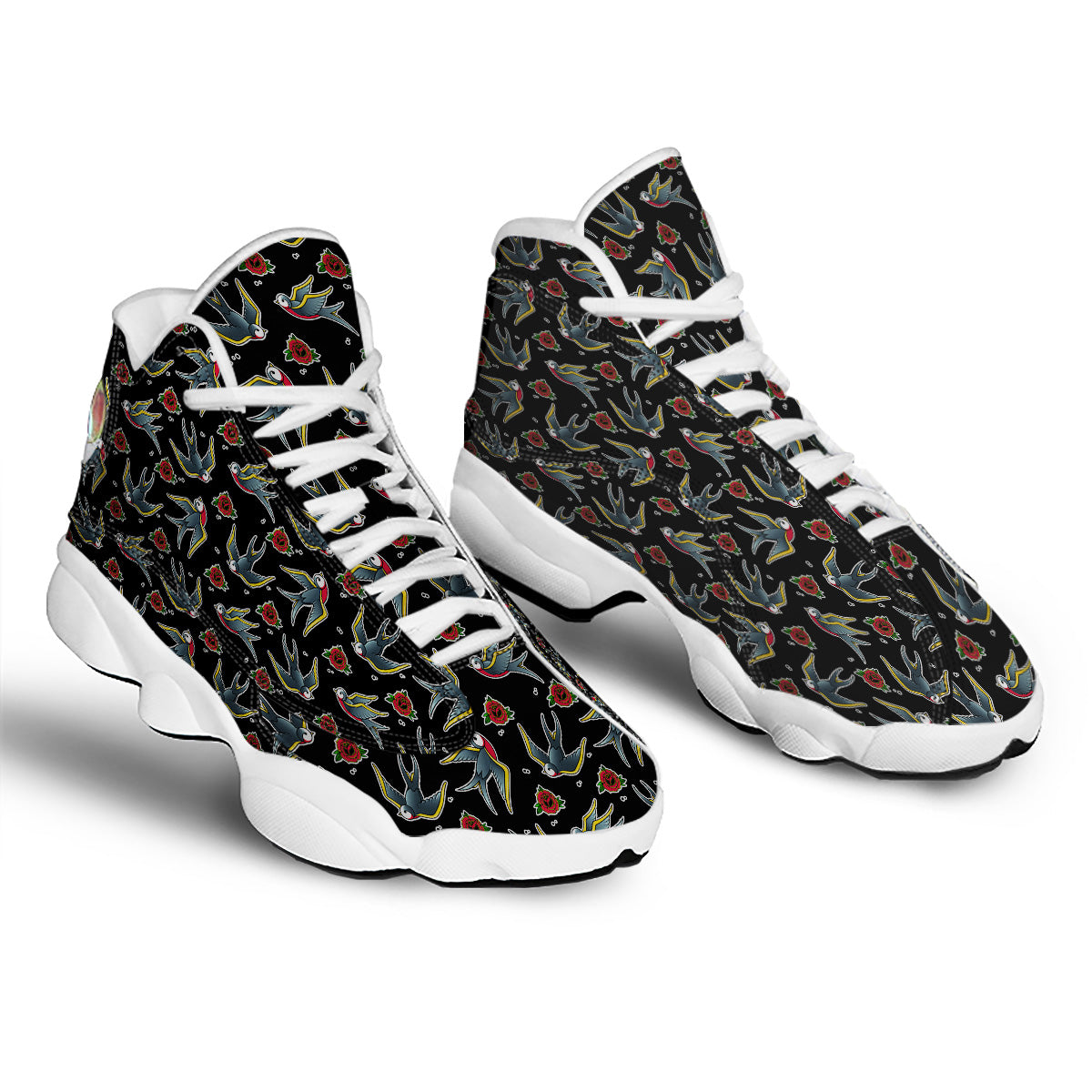 Swallows And Roses Tattoo Print Pattern White Basketball Shoes-grizzshop