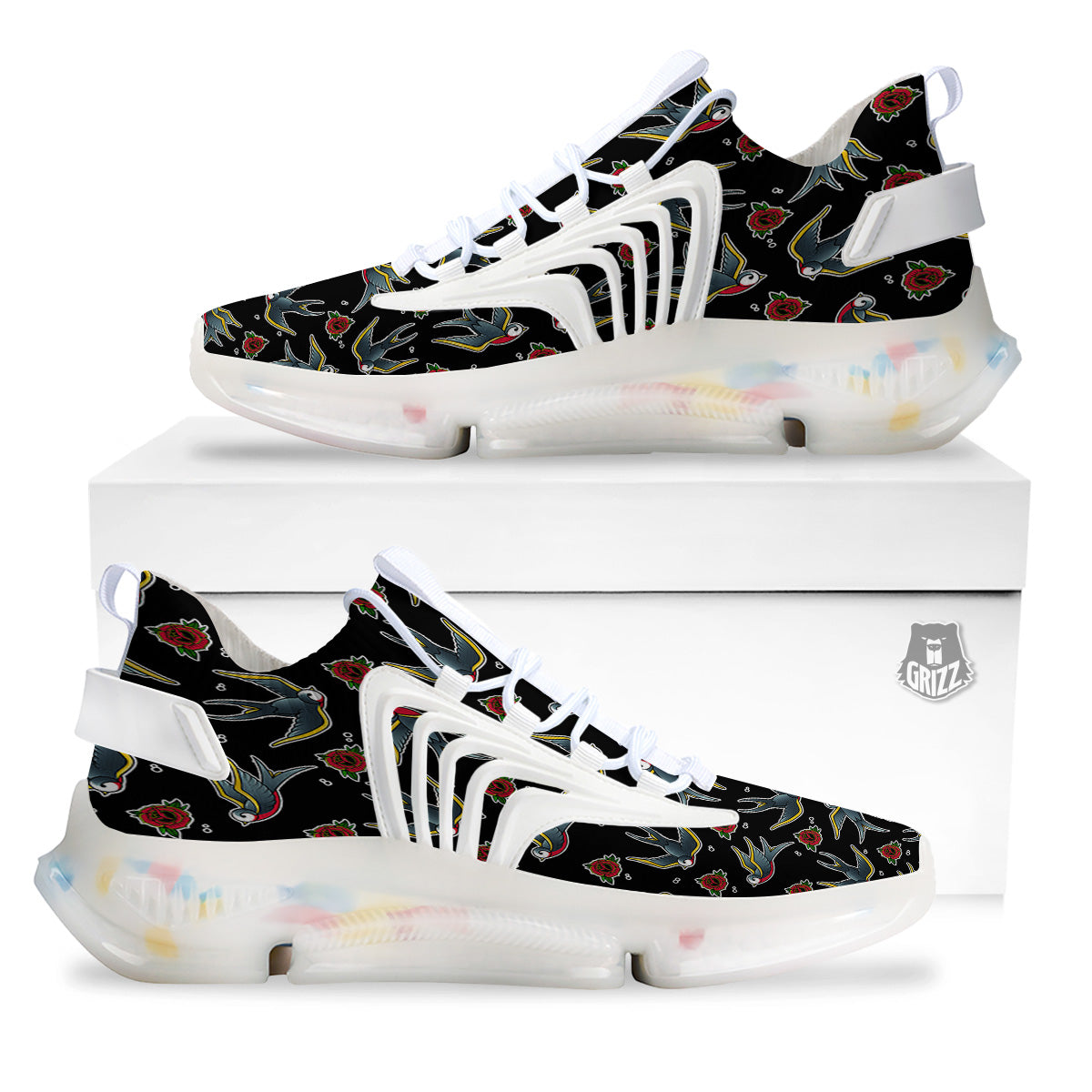 Swallows And Roses Tattoo Print Pattern White Gym Shoes-grizzshop