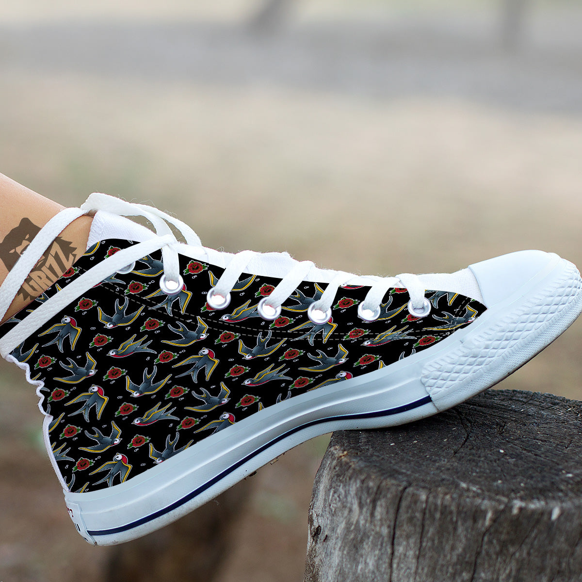 Swallows And Roses Tattoo Print Pattern White High Top Shoes-grizzshop