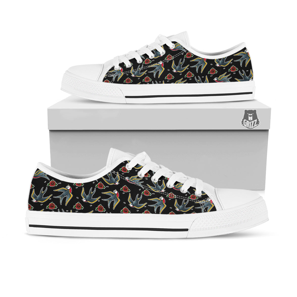 Swallows And Roses Tattoo Print Pattern White Low Top Shoes-grizzshop