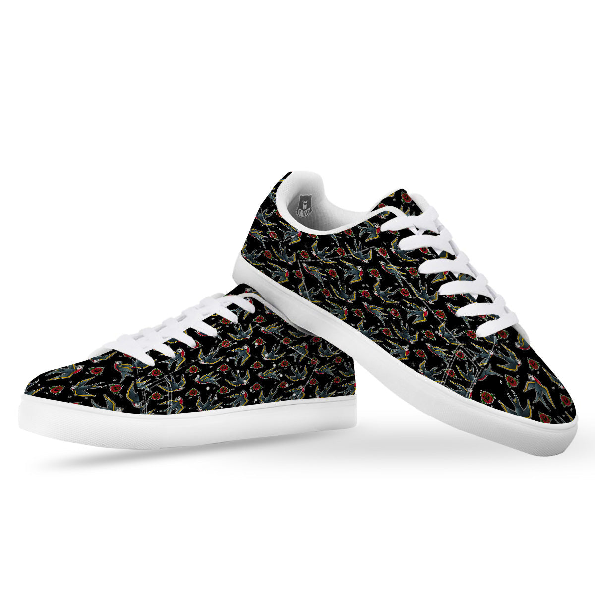 Swallows And Roses Tattoo Print Pattern White Low Top Sneakers-grizzshop