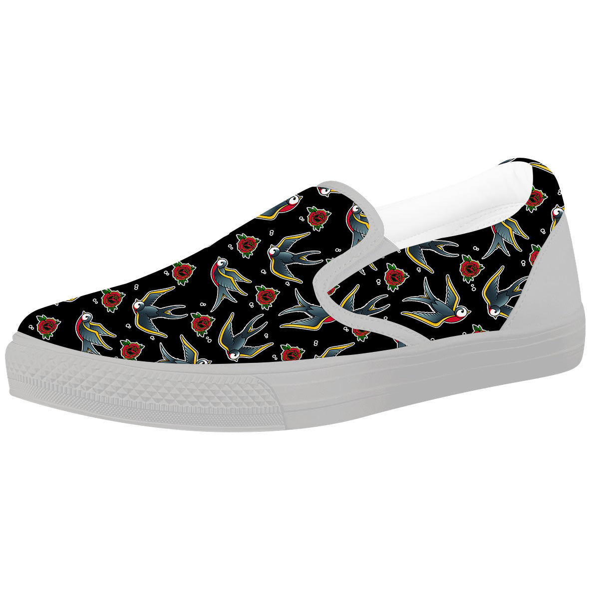 Swallows And Roses Tattoo Print Pattern White Slip On Shoes-grizzshop