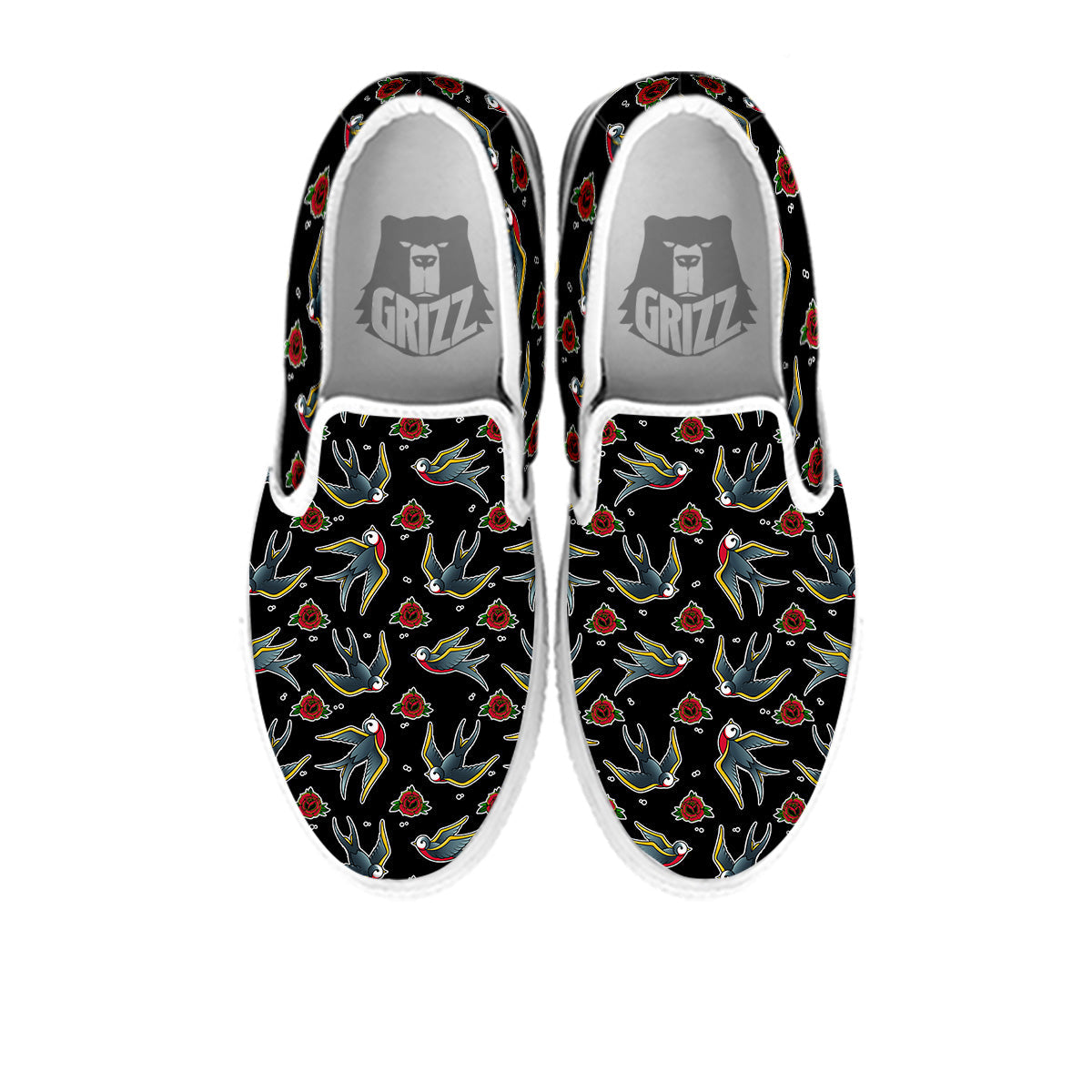 Swallows And Roses Tattoo Print Pattern White Slip On Shoes-grizzshop