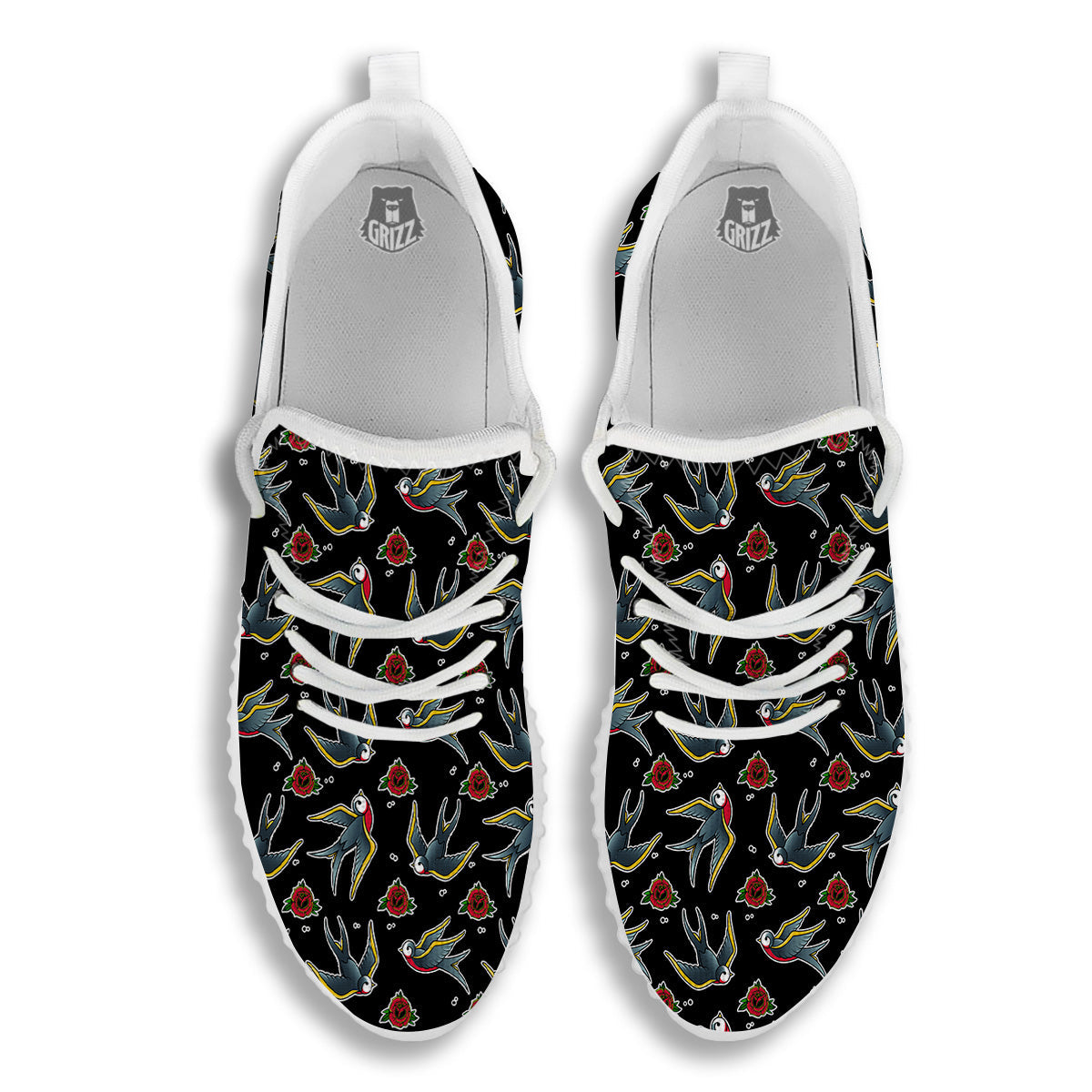 Swallows And Roses Tattoo Print Pattern White Walking Shoes-grizzshop