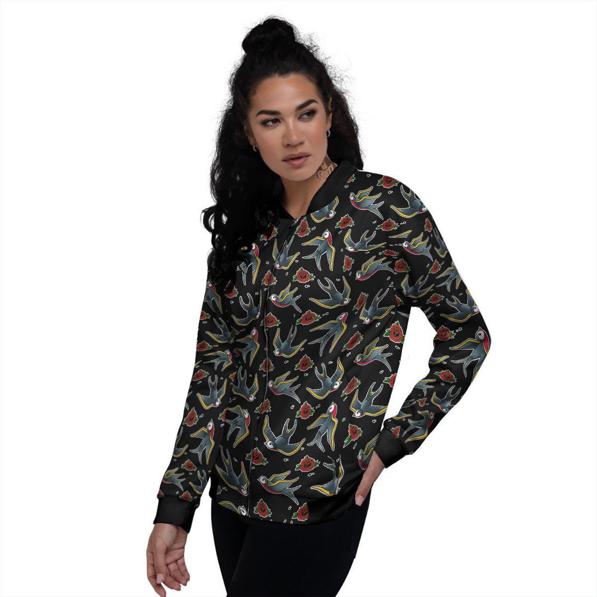 Swallows And Roses Tattoo Print Pattern Women's Bomber Jacket-grizzshop