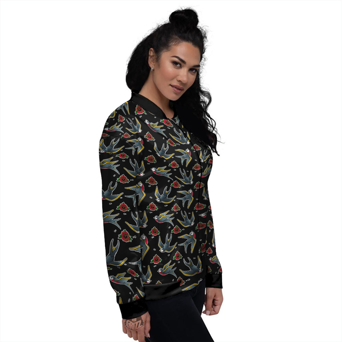 Swallows And Roses Tattoo Print Pattern Women's Bomber Jacket-grizzshop