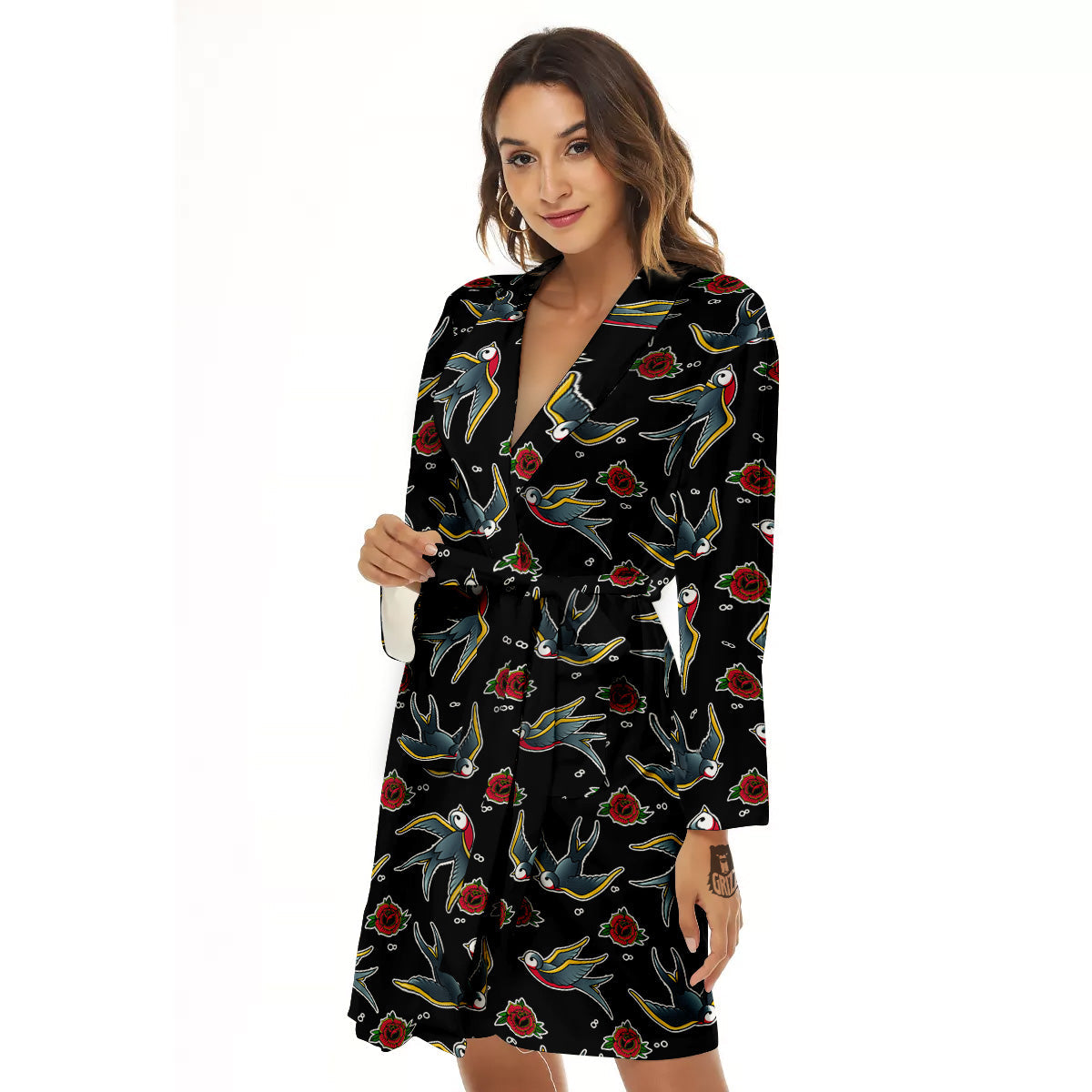 Swallows And Roses Tattoo Print Pattern Women's Robe-grizzshop