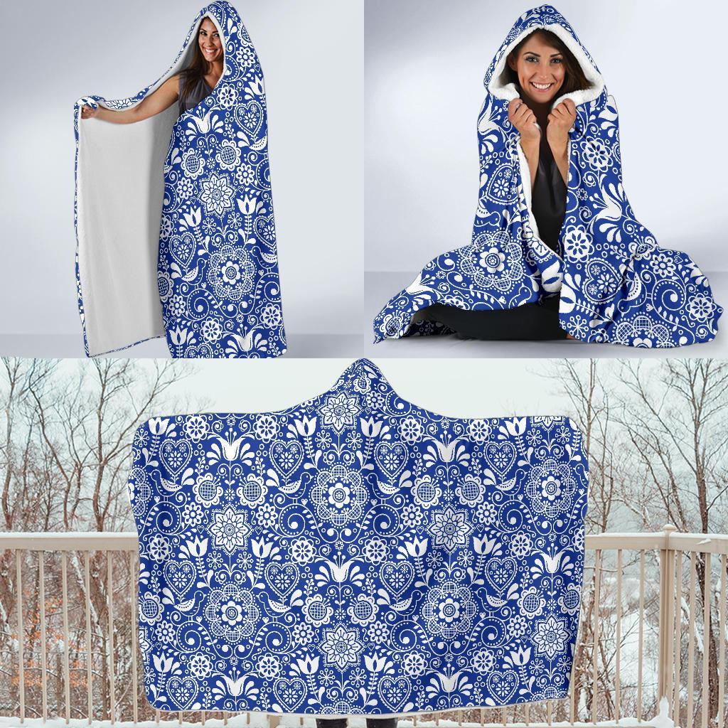 Swedish Floral Pattern Print Hooded Blanket-grizzshop