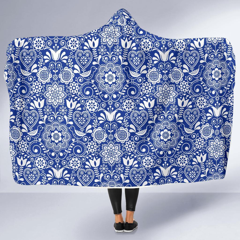 Swedish Floral Pattern Print Hooded Blanket-grizzshop