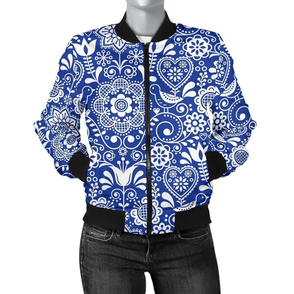 Swedish Floral Pattern Print Women Casual Bomber Jacket-grizzshop