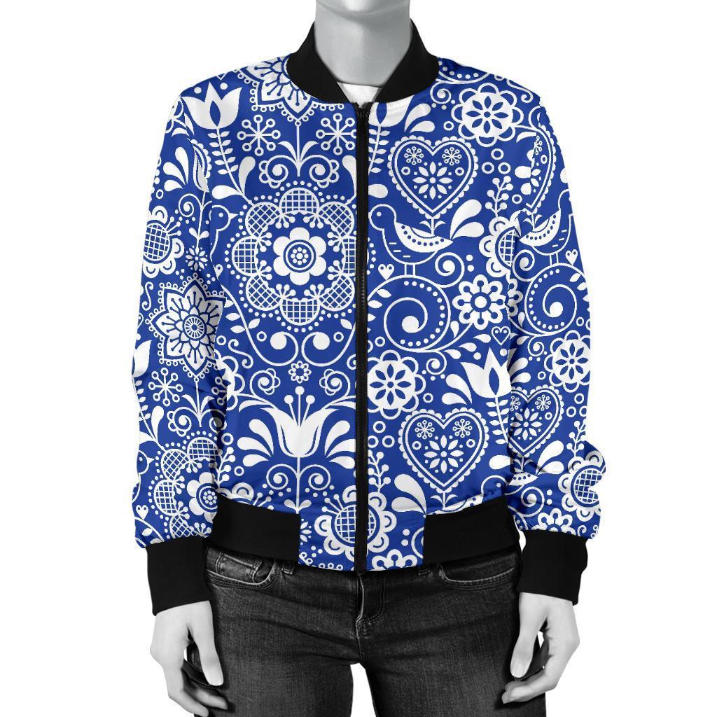 Swedish Floral Pattern Print Women Casual Bomber Jacket-grizzshop